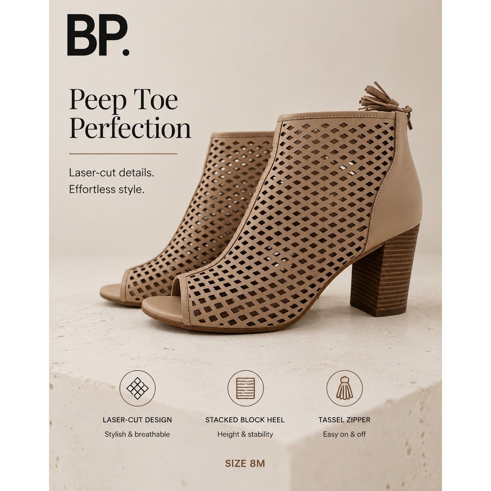 BP. Peep Toe Booties Women 8M Tan Laser Cut Perforated Tassel Block Heel Bootie
